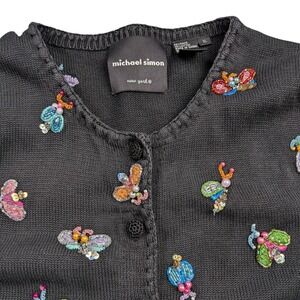 Vintage Michael Simon Sweater XL Black Embroidered Sequin Beaded Bugs 90s